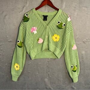 Thorn & Fable Mint Green Frog Mushroom Strawberry Flower Sweater Women’s Medium